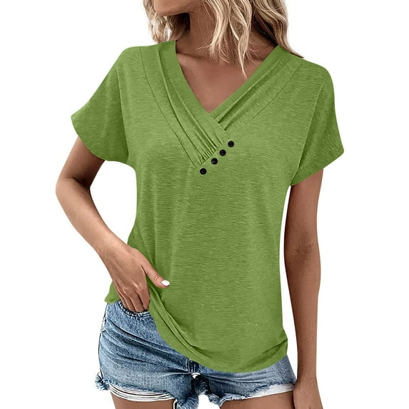 BKQCNKM Shirts for Women T Shirts for Women Ladies Casual V Neck Short Sleeve T Shirt Pleated Solid Color Button Top Tshirts Shirts for Women, Green S