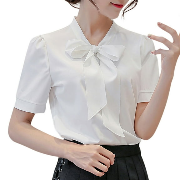 BKQCNKM Shirts for Women T Shirts for Women Summer Work Office Short Sleeve Bow Tie Solid Chiffon Blouse Tee Shirt Top Tshirts Shirts for Women, White XXL