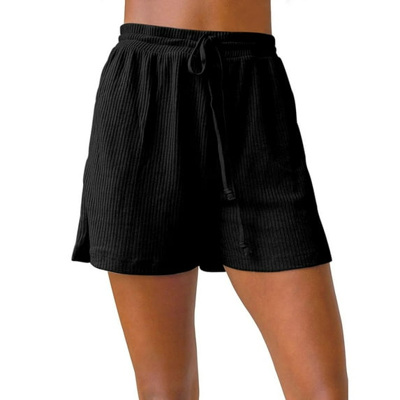 BKQCNKM Shorts For Women Workout Shorts Womens Women'S Ribbed Casual Waist Summer Elastic Beach Knit Drawstring Pockets Shorts Pants Womens Pants Black XXL