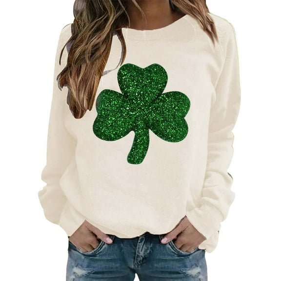 BKQCNKM St Patricks Day Shirt Women, Shamrock Shirt, Long Sleeve Shirts for Women, Fashion Casual Floral Print Round Neck Long Sleeve Top Sweatshirt, Graphic Tees for Women Beige L
