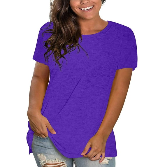 BKQCNKM Summer Tops For Women,Workout Tops For Women,Casual Solid Color Cotton Tops Round Neck Tops Loose Shirts T Shirts Casual Loose Tops,WoMen's Cotton T Shirts Purple 1 S