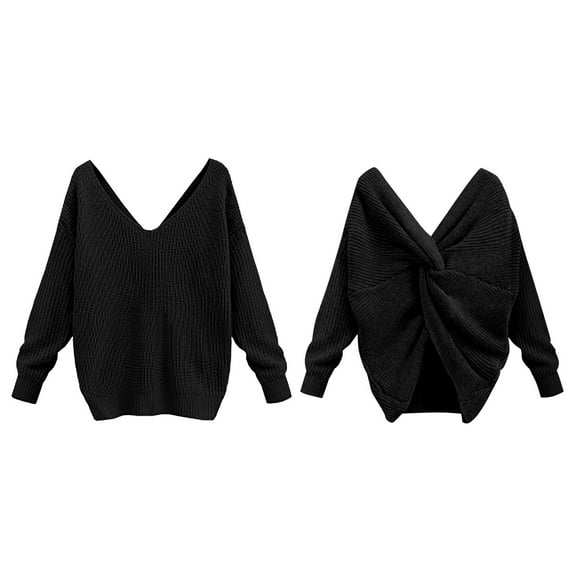 BKQCNKM Sweaters For Women Women'S Two Piece V Neck Knotted Over Open Back Knit Sweater Topdacron Womens Sweaters Fall Sweaters For Women Black S