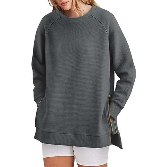 BKQCNKM Sweatshirt for Women Oversized Sweatshirt for Women's Sweatshirts Long Sleeve Tunic Tops Crew Neck Soft Pullover with Side Zipper Shirt Crewneck Sweatshirts Women, Dark Gray S