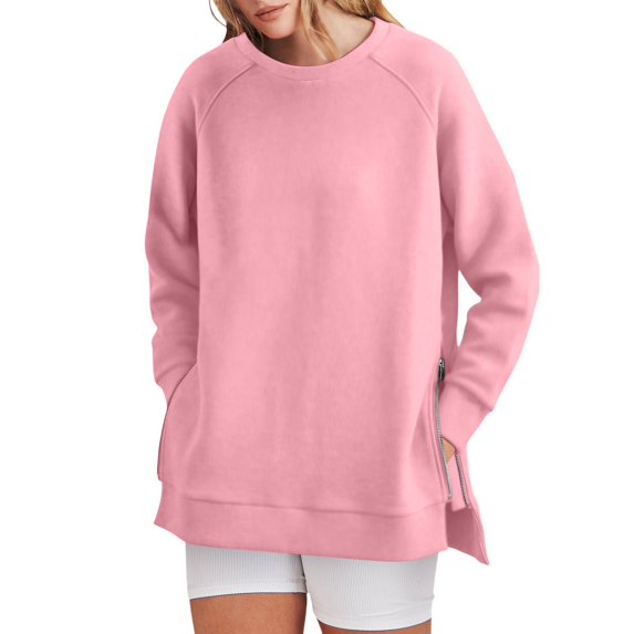 BKQCNKM Sweatshirt for Women Oversized Sweatshirt for Women's Sweatshirts Long Sleeve Tunic Tops Crew Neck Soft Pullover with Side Zipper Shirt Crewneck Sweatshirts Women,Pink L