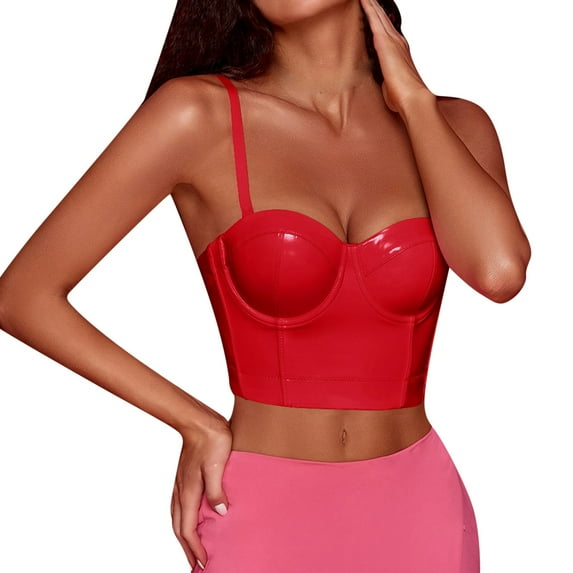 BKQCNKM Tank Top For Women Womens Corset Top Bustier Corset Top Tight Fitting Corset Tank Top Suspender Pu Leather Top Short Crop Tops For Women Womens Tops Red XS
