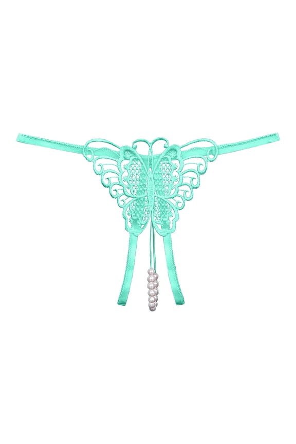 Thongs for Women, Lace Underwear for Women, Lace Thongs, Cutout Pendant Pearl Beads Butterfly G String Thong Underpants, Valentines Day Underwear,Green L