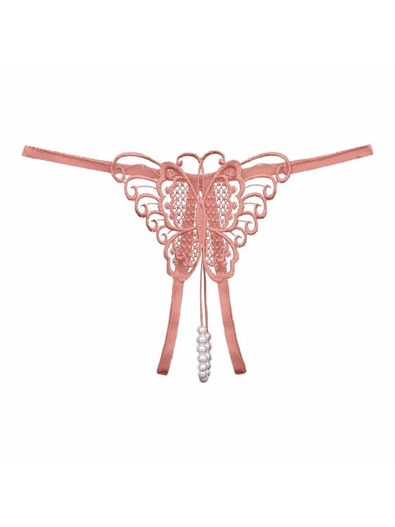 Thongs for Women, Lace Underwear for Women, Lace Thongs, Cutout Pendant Pearl Beads Butterfly G String Thong Underpants, Valentines Day Underwear,Hot Pink L