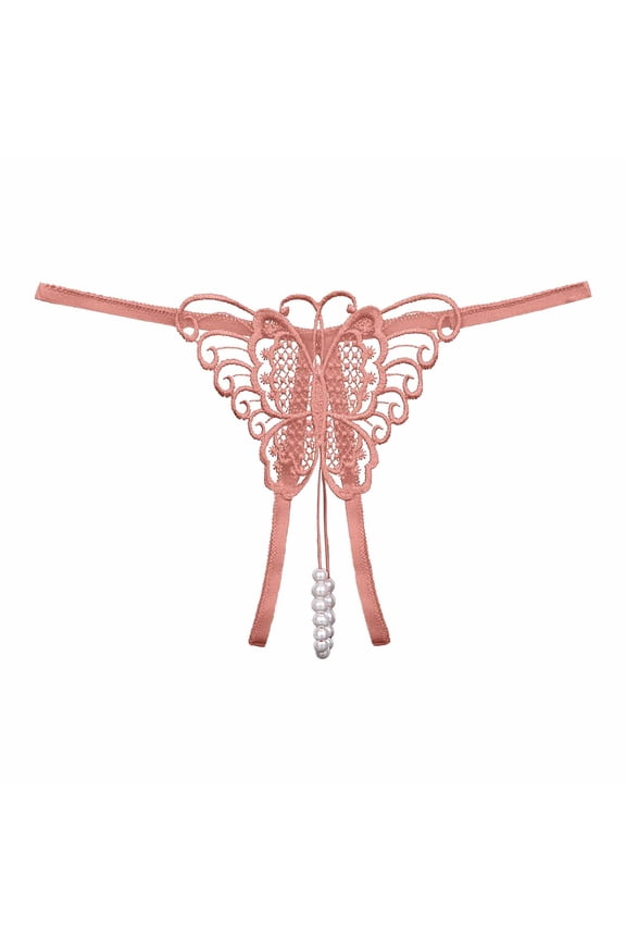 Thongs for Women, Lace Underwear for Women, Lace Thongs, Cutout Pendant Pearl Beads Butterfly G String Thong Underpants, Valentines Day Underwear,Hot Pink L