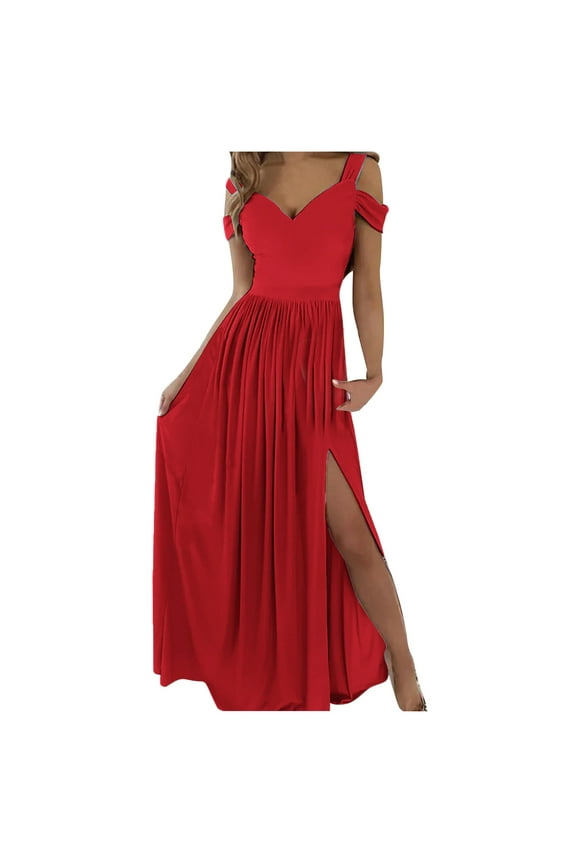 Wedding Guest Dresses for Women Princess Dress Up Women Long Off Shoulder Elegant Evening Dress Elegant Dress Party Festive Party Dress with Slit Christmas Dresses for Women Red M
