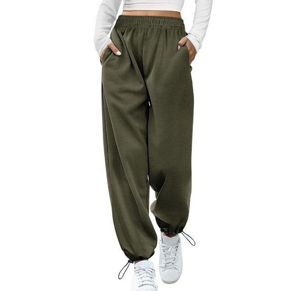 BKQCNKM Wide Leg Pants For Women Women'S Pants Baggy Sweatpants High Waisted Joggers Pants Trousers With Pockets Drawstring Track Pants Work Pants For Women Army Green L