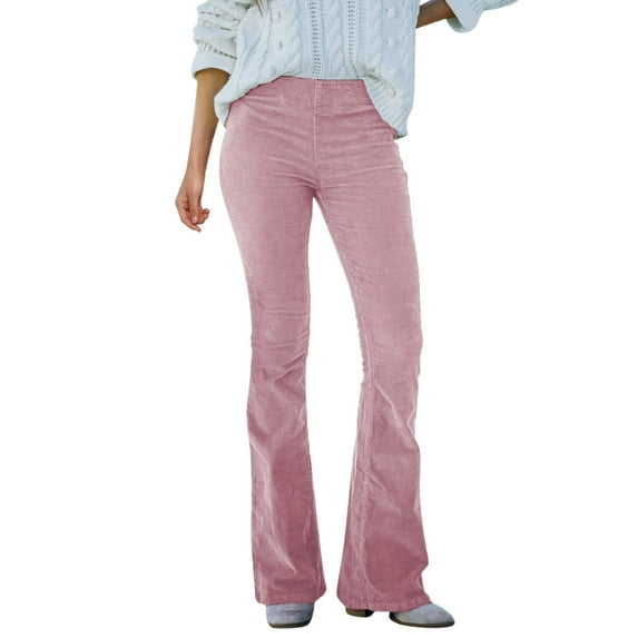 BKQCNKM Women'S Pants Cargo Pants Women Solid High Waist Slim Fit Corduroy Flared Pants Elastic Waist Casual Pants Wide Leg Pants For Women Pink S