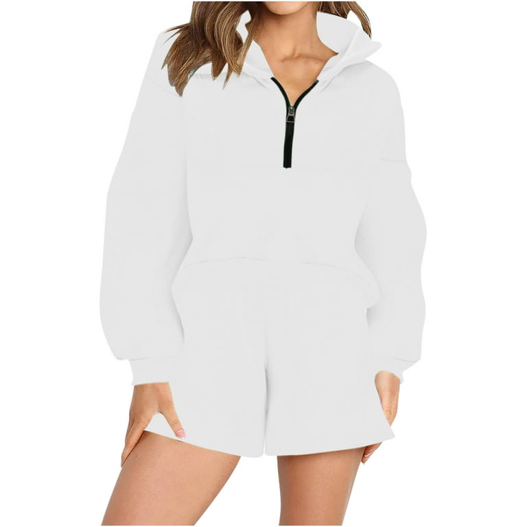 BKQCNKM Women'S Pants Women 2 Piece Outfits Half Zip Sweatsuit Oversized  Sweatshirt Shorts 2023 Casual Cozy Half Zip Sweatshirt Suit Set Rompers For  Women Shorts For Women White XL 