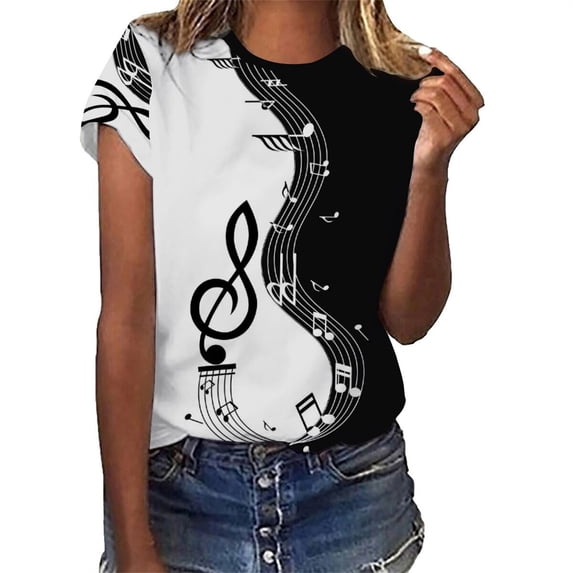 BKQCNKM Women's T-Shirts Shirts For Women Vintage Musical Note Print Tees T Shirt Gift Shirt Top Workout Shirts Women Womens Tops Black L