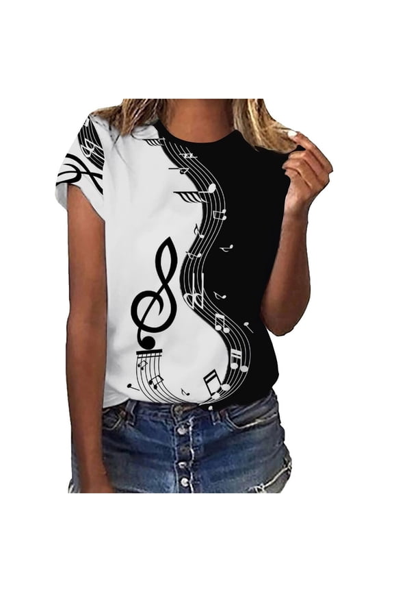 Women's T-Shirts Shirts For Women Vintage Musical Note Print Tees T Shirt Gift Shirt Top Workout Shirts Women Womens Tops Black XL