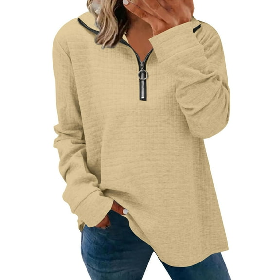 BKQCNKM Womens Fall Fashion 2023 Womens Shirts Womens Tops Dressy Casual 3/4 Length Sleeve V Neck Shirts And Blouses Zipper Collar Women Shirts Workout Tops For Women Khaki S