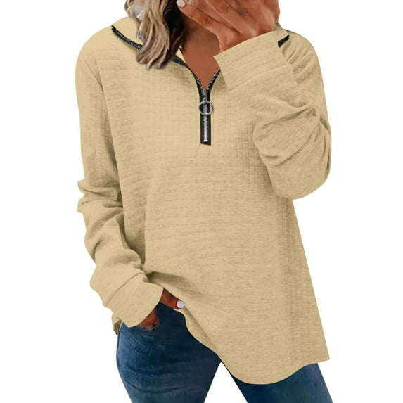 BKQCNKM Womens Fall Fashion 2023 Womens Shirts Womens Tops Dressy Casual 3/4 Length Sleeve V Neck Shirts And Blouses Zipper Collar Women Shirts Workout Tops For Women Khaki S