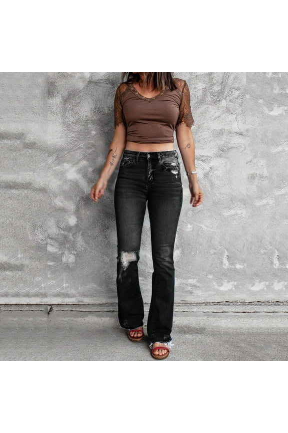 Womens Jeans Micro-Flare Stretch High Slim-Fit Zipper Button Jeans Retro Women'S Waist Ripped Women'S Jeans Cargo Pants Womens Pants Black L