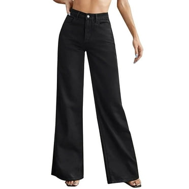 BKQCNKM Womens Jeans Women'S Casual High Waisted Button Long Solid Color Elongated Straight Leg Wide Leg Jeans Wide Leg Pants For Women Women'S Pants Black L