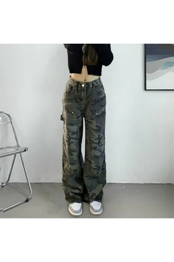 Womens Jeans for Women Trendy Women's Casual Fashion Camouflage Print High Waist Cargo Pants Loose Wide Leg Outdoor Jogging Pants Jeans for Women Green S