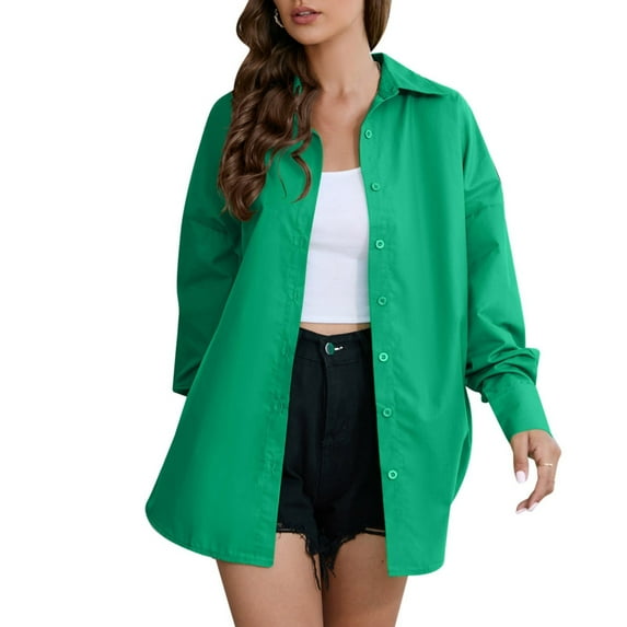 BKQCNKM Womens Shirts Fashion Ladies Shirt Collar Long Sleeve Cotton Solid Bright Color Blouse Blouses For Women Fall Outfits Green 1 M