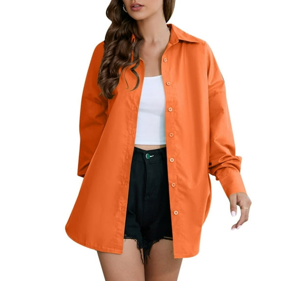 BKQCNKM Womens Shirts Fashion Ladies Shirt Collar Long Sleeve Cotton Solid Bright Color Blouse Blouses For Women Fall Outfits Orange M