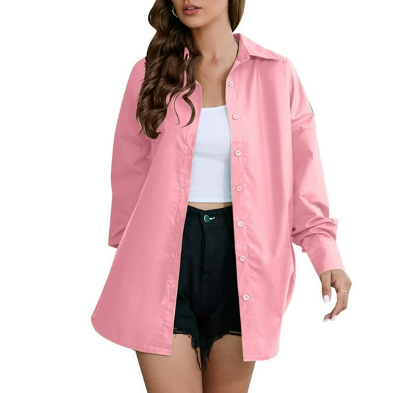 BKQCNKM Womens Shirts Fashion Ladies Shirt Collar Long Sleeve Cotton Solid Bright Color Blouse Blouses For Women Fall Outfits Pink M