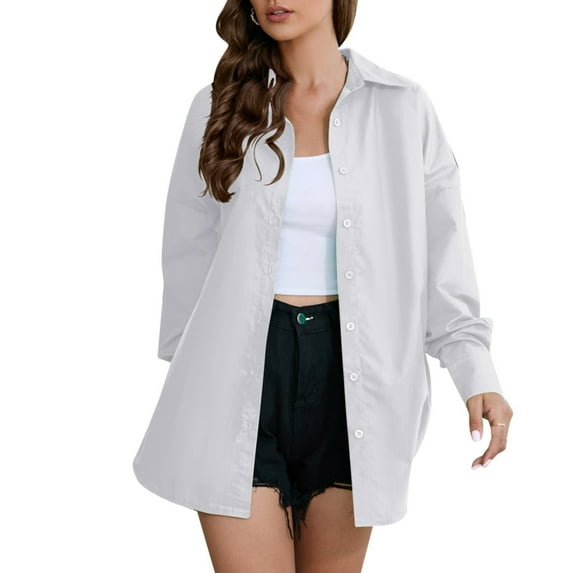 BKQCNKM Womens Shirts Fashion Ladies Shirt Collar Long Sleeve Cotton Solid Bright Color Blouse Blouses For Women Fall Outfits White M