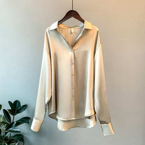 BKQCNKM Womens Shirts Womens Summer Sun Casual Loose Button Down Shirts Long Sleeve Solid Color Shirts Tops Blouses For Women Fall Outfits Khaki XL