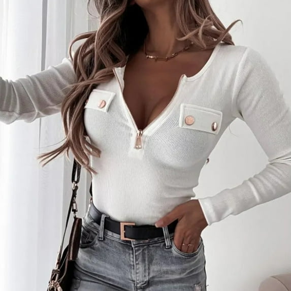 BKQCNKM Womens T Shirts Winter Top T-Shirt Slim-Fit Long-Sleeved Knitted And Autumn Fashion Pullover Street Zipper Women'S Blouse Long Sleeve Shirts For Women Fall Outfits For Women 2023 White M