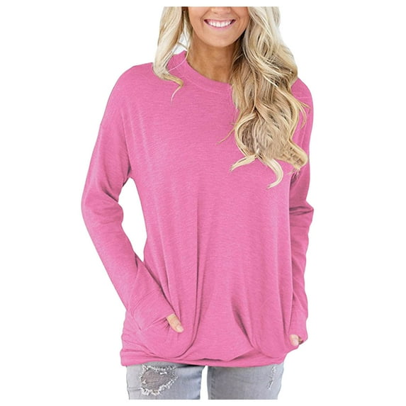 BKQCNKM Workout Tops For Women Women Long Sleeve Cotton Loose Pockets T-Shirt Blouses Tops Long Sleeve Shirts For Women Fall Clothes For Women 2023 Pink M