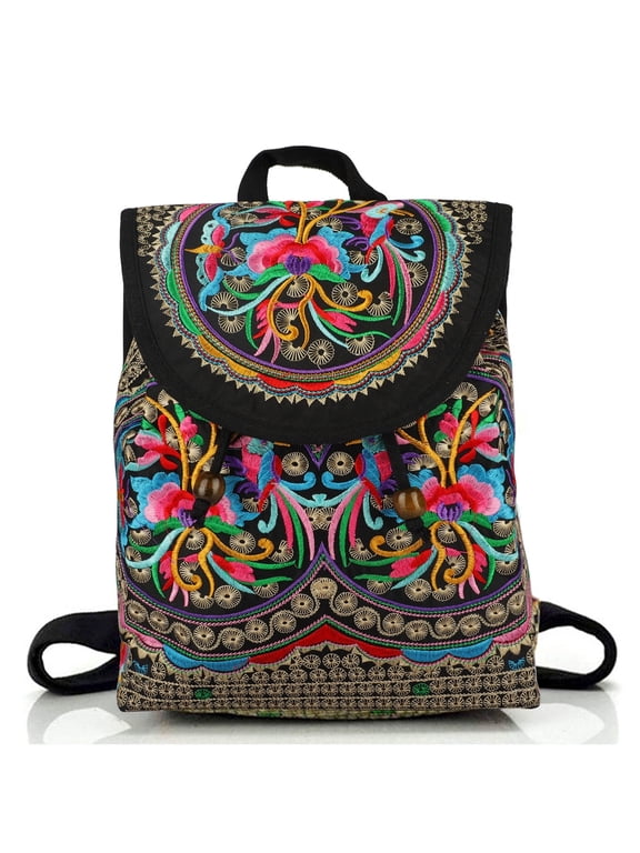 Boho Embroidered Backpack for Women, Vintage Handmade Canvas Shoulder Bag with Ethnic Drawstring