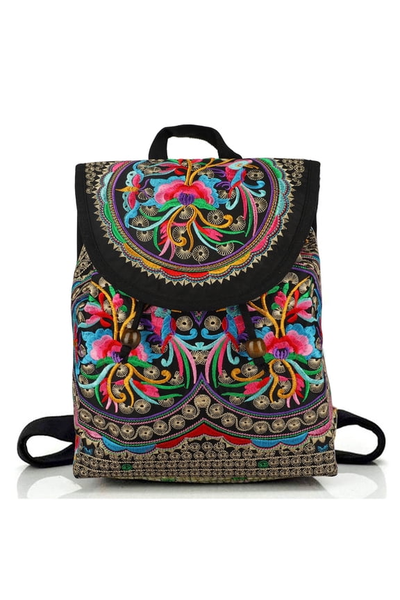 Boho Embroidered Backpack for Women, Vintage Handmade Canvas Shoulder Bag with Ethnic Drawstring