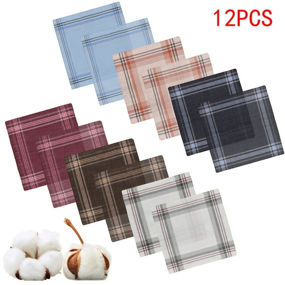 BKSDUEH Men's Soft Cotton Handkerchiefs, 12Pcs Classic Plaid Hankies, Vintage Pocket Square