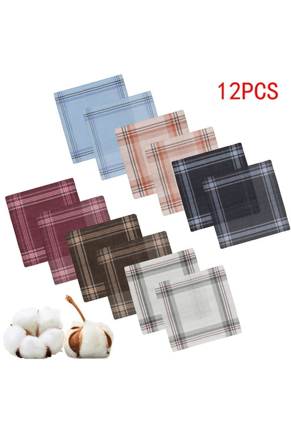 Men's Soft Cotton Handkerchiefs, 12Pcs Classic Plaid Hankies, Vintage Pocket Square