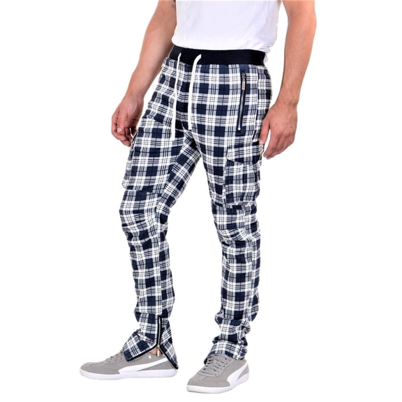 BKYS Men's Sweetdream Plaid Cargo Pants XL Navy