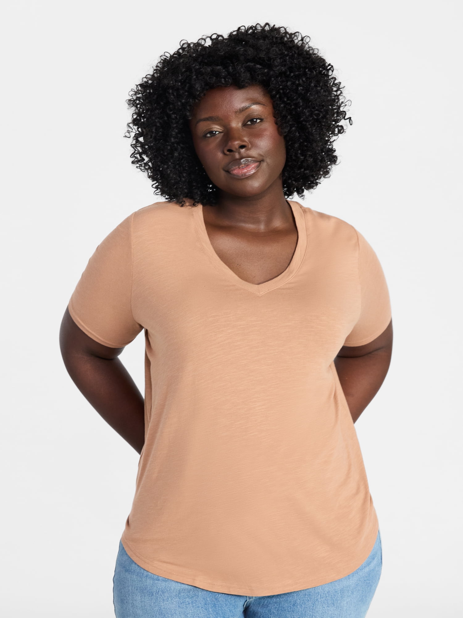 Terra & Sky Women's Plus Size V-Neck Tee with Short Sleeves, Size 0X-5X