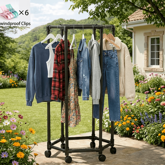 BLACK 1 LAYER 360 Rotating Clothing Rack with Wheels, Freestanding Clothes Organizer with 8 Windproof Clips, Black