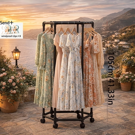BLACK 1 LAYER 360 Rotating Clothing Rack with Wheels, Freestanding Clothes Organizer with 8 Windproof Clips, Black