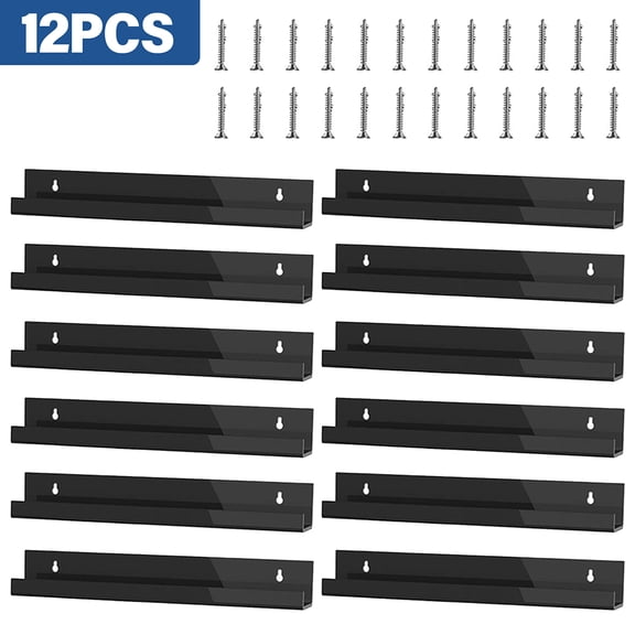 BLACK Acrylic Shelves for Wall Storage, 12 Inch Floating Shelves Display Shelf for Bedroom, Bathroom, Kitchen, Living Room, Office Book Shelf Storage Decor - 12PCS