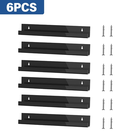 BLACK Acrylic Shelves for Wall Storage, 12 Inch Floating Shelves Display Shelf for Bedroom, Bathroom, Kitchen, Living Room, Office Book Shelf Storage Decor - 6PCS