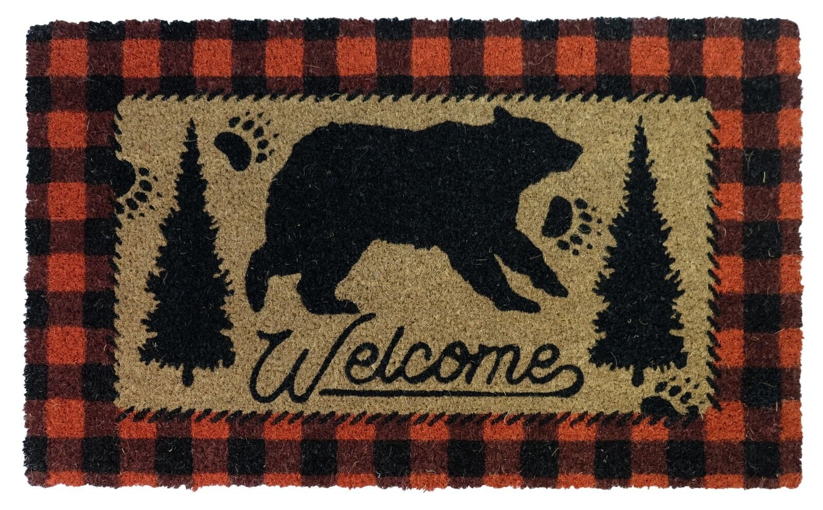 Heavy Duty Coir Black Bear Buffalo Plaid Welcome Entry Porch Door Mat Rug -   Log Cabin Decor