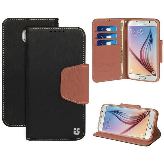 BLACK BROWN INFOLIO WALLET CREDIT CARD ID CASE COVER STAND FOR SAMSUNG GALAXY S6