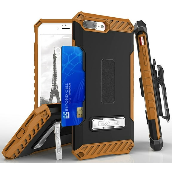 BLACK/BROWN TRI-SHIELD RUGGED CASE with KICKSTAND and CREDIT CARD WALLET SLOT + BELT CLIP HOLSTER + LANYARD STRAP FOR APPLE iPHONE 7/8 PLUS +