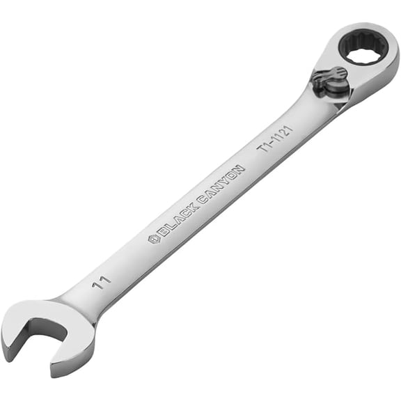 BLACK CANYON 11 mm Ratchet Combination Wrench, 12-Point Box End & Hex Opening, Polished Steel Ratcheting Wrench with SAE & Metric Sizes
