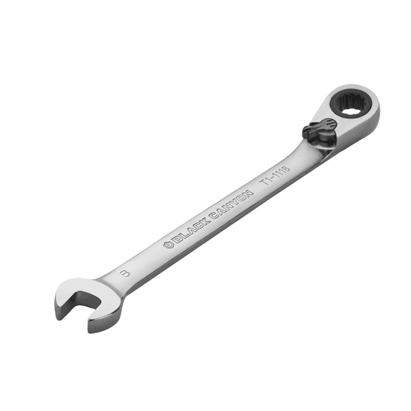 BLACK CANYON 7/16 Inch Ratchet Combination Wrench, 12-Point Box End & Hex Opening, Polished Steel Ratcheting Wrench with SAE & Metric Sizes
