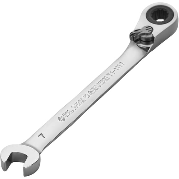BLACK CANYON 7 mm Ratchet Combination Wrench, 12-Point Box End & Hex Opening, Polished Steel Ratcheting Wrench with SAE & Metric Sizes
