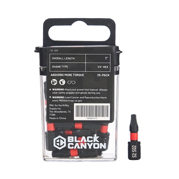 BLACK CANYON SQ2 Impact Square Bits, 25-Pack, 1-Inch Length, 1/4-Inch Hex Shank, S2 Steel Construction, Magnetic Tip for Impact Drivers, Drills & Power Tools