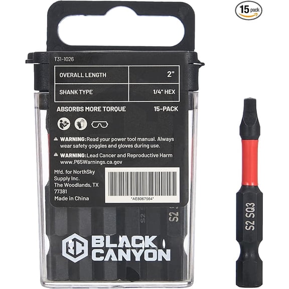 BLACK CANYON SQ3 Impact Square Bits, 15-Pack, 2-Inch Length, 1/4-Inch Hex Shank, S2 Steel Construction, Magnetic Tip for Impact Drivers, Drills & Power Tools