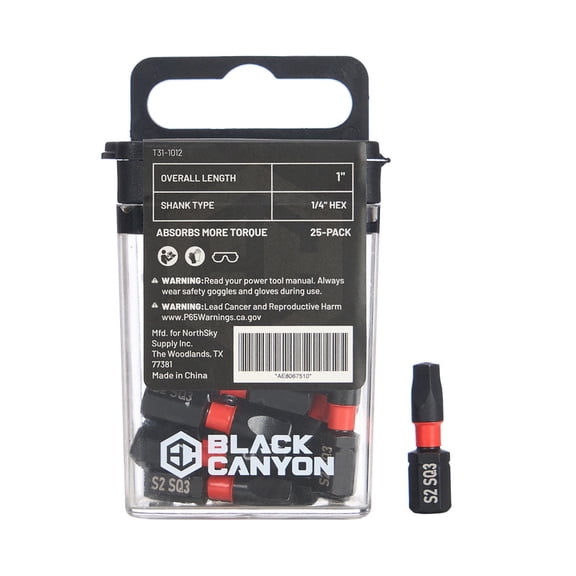 BLACK CANYON SQ3 Impact Square Bits, 25-Pack, 1-Inch Length, 1/4-Inch Hex Shank, S2 Steel Construction, Magnetic Tip for Impact Drivers, Drills & Power Tools