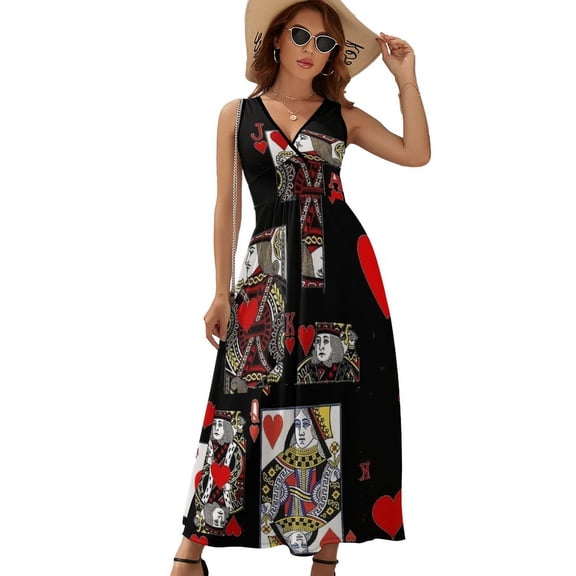 BLACK COLOR CASINO SUITES HEARTS PATTERNS Sleeveless Dress Dresses Women Summer Evening Dresses Ladies Bohemia Long Dresses